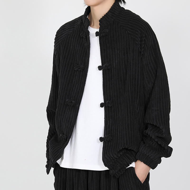 Tactile Cotton Corduroy Stand Collar Jacket with Frog Button Closures