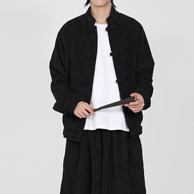 Tactile Cotton Corduroy Stand Collar Jacket with Frog Button Closures