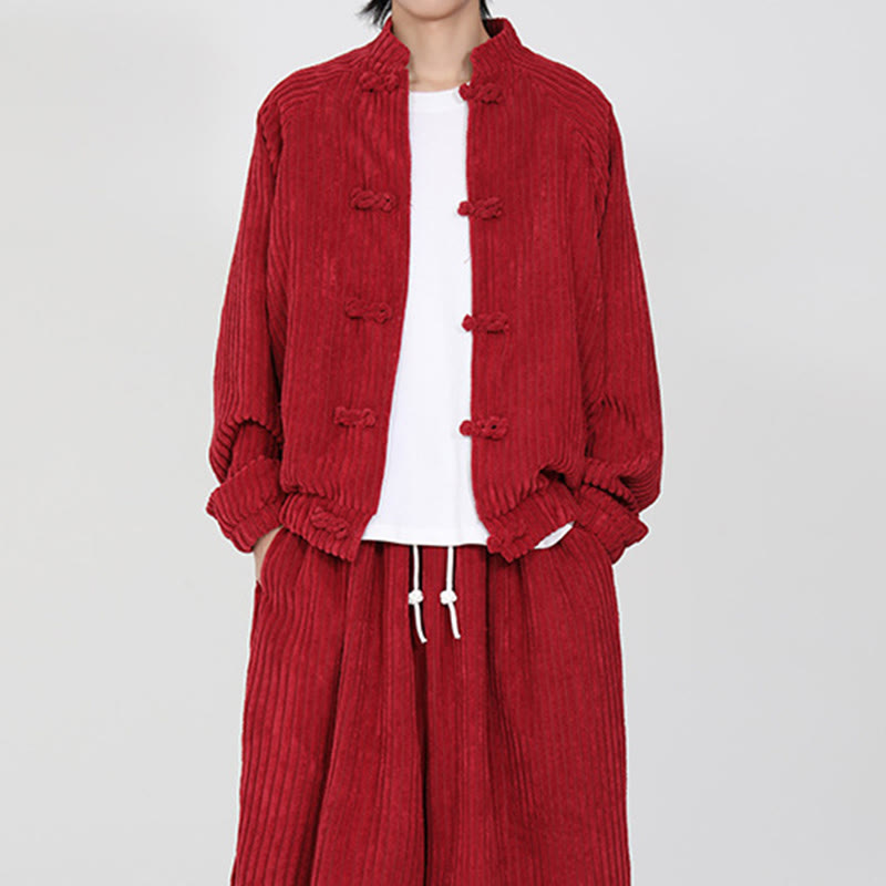 Tactile Cotton Corduroy Stand Collar Jacket with Frog Button Closures