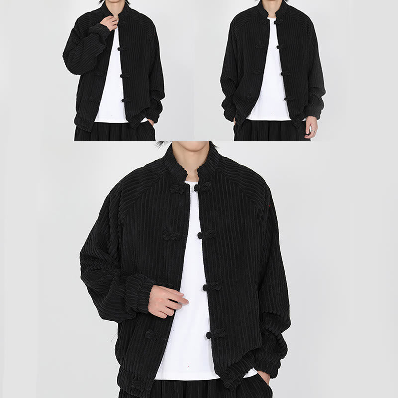 Tactile Cotton Corduroy Stand Collar Jacket with Frog Button Closures