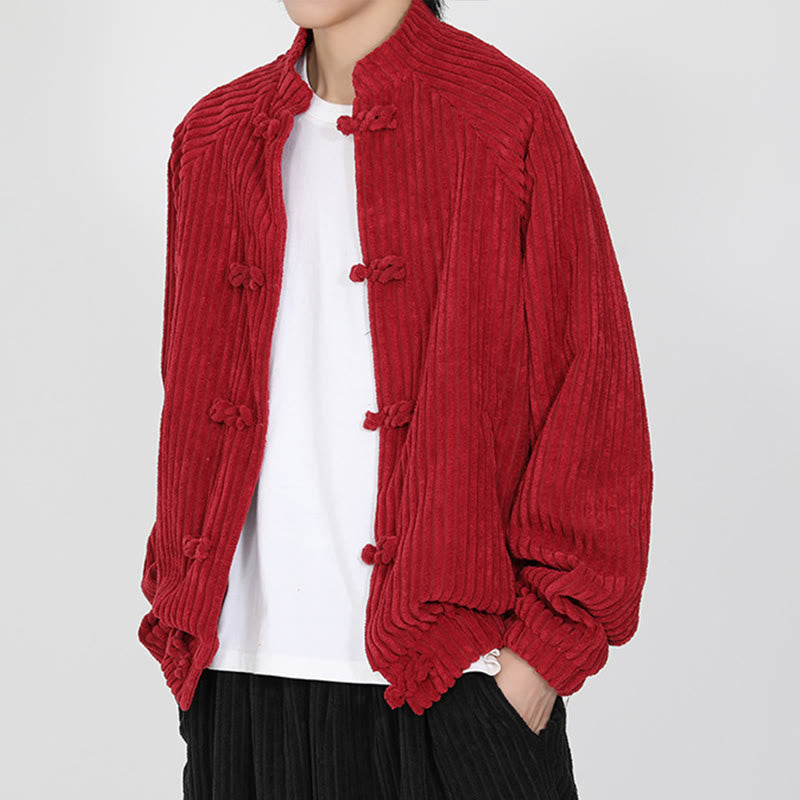 Tactile Cotton Corduroy Stand Collar Jacket with Frog Button Closures