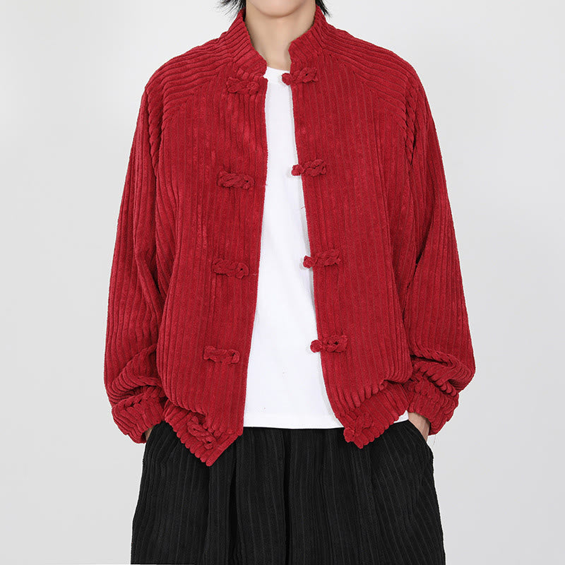 Tactile Cotton Corduroy Stand Collar Jacket with Frog Button Closures
