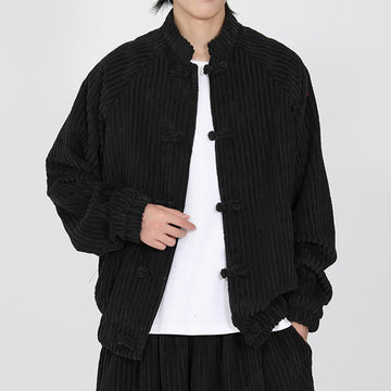 Tactile Cotton Corduroy Stand Collar Jacket with Frog Button Closures