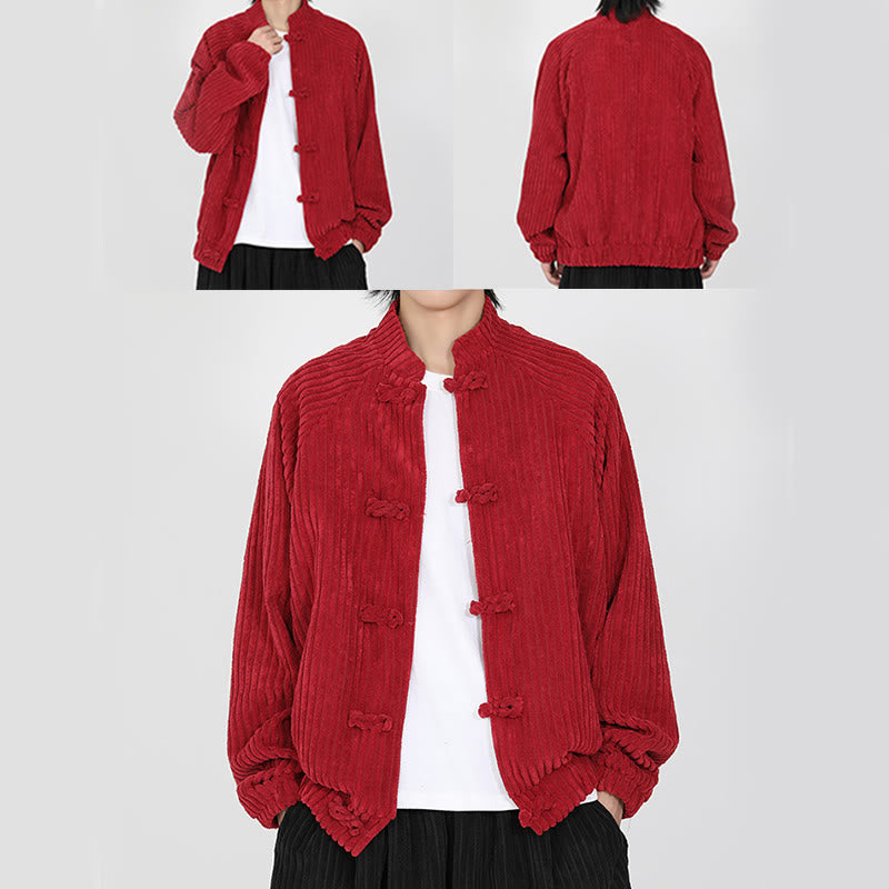 Tactile Cotton Corduroy Stand Collar Jacket with Frog Button Closures