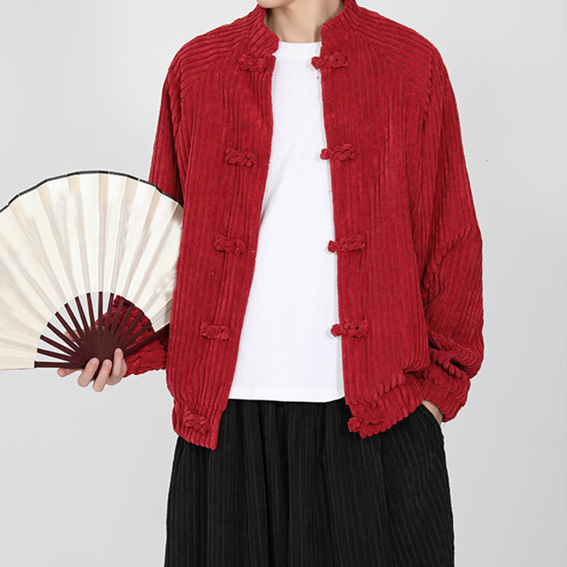 Tactile Cotton Corduroy Stand Collar Jacket with Frog Button Closures