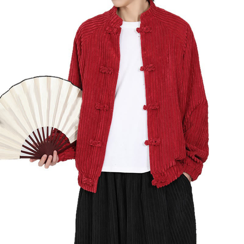 Tactile Cotton Corduroy Stand Collar Jacket with Frog Button Closures