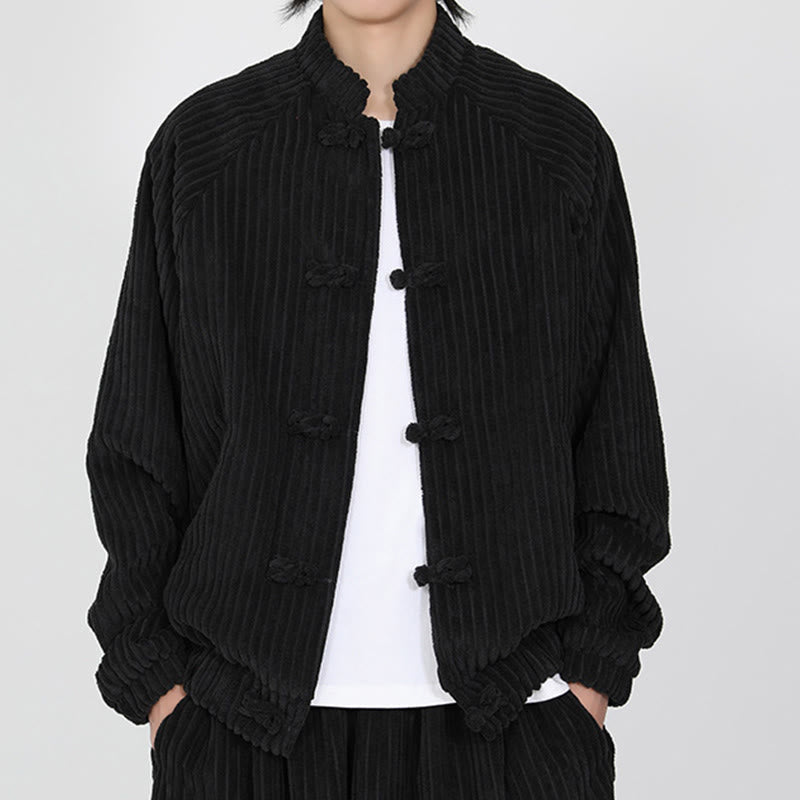 Tactile Cotton Corduroy Stand Collar Jacket with Frog Button Closures