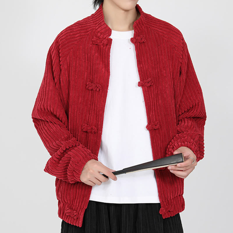 Tactile Cotton Corduroy Stand Collar Jacket with Frog Button Closures
