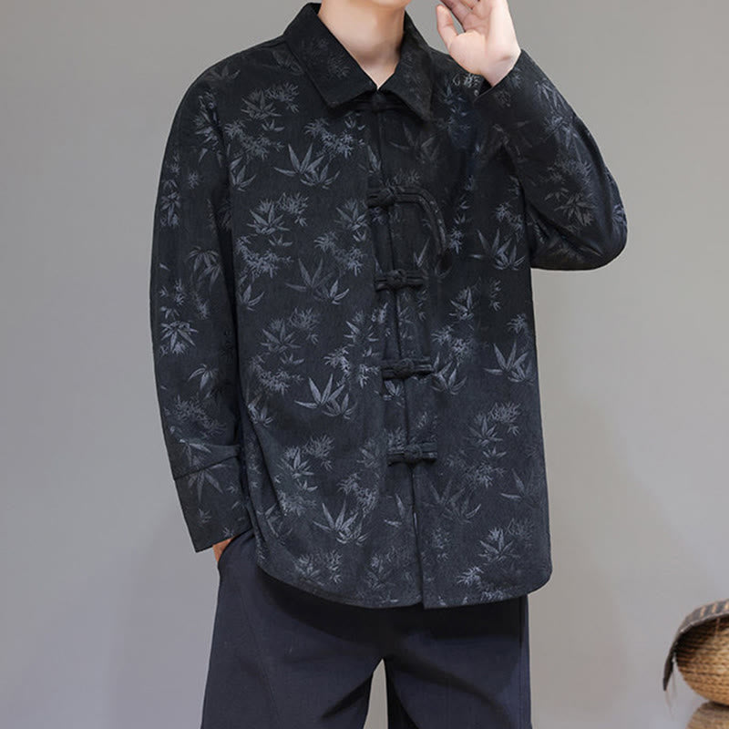 Jacquard Leaves Pattern Frog-Button Long Sleeve Men's Cotton Tang Suit Jacket