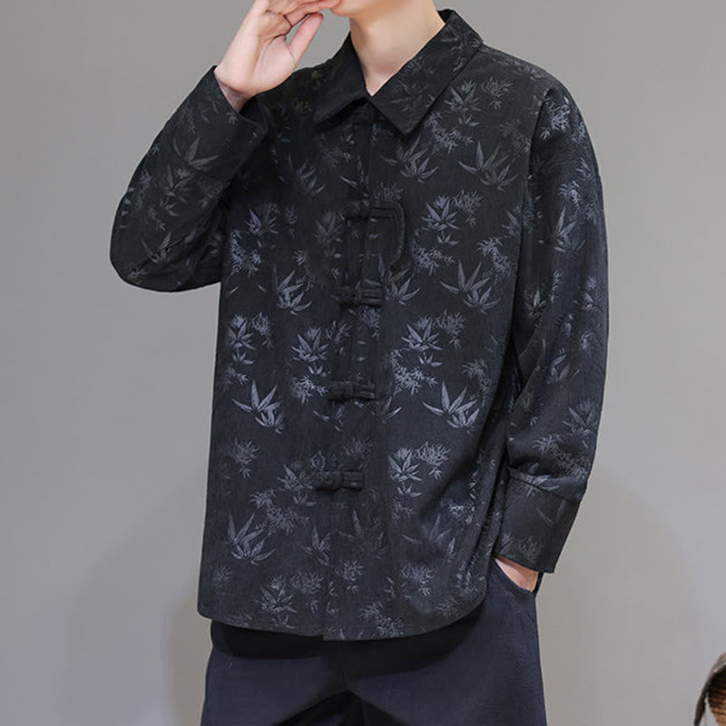 Jacquard Leaves Pattern Frog-Button Long Sleeve Men's Cotton Tang Suit Jacket