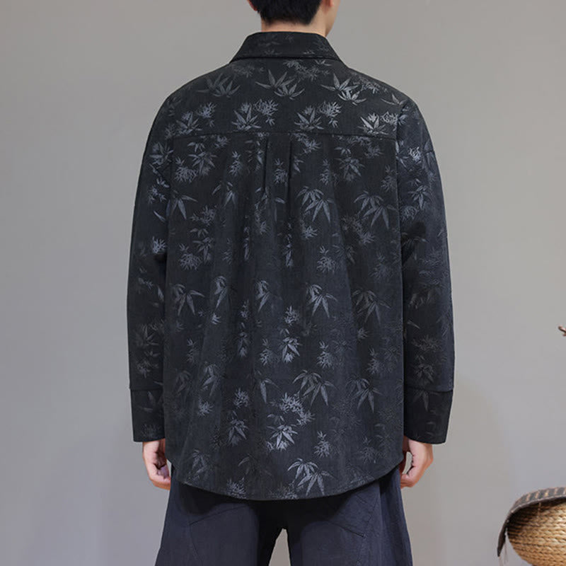 Jacquard Leaves Pattern Frog-Button Long Sleeve Men's Cotton Tang Suit Jacket