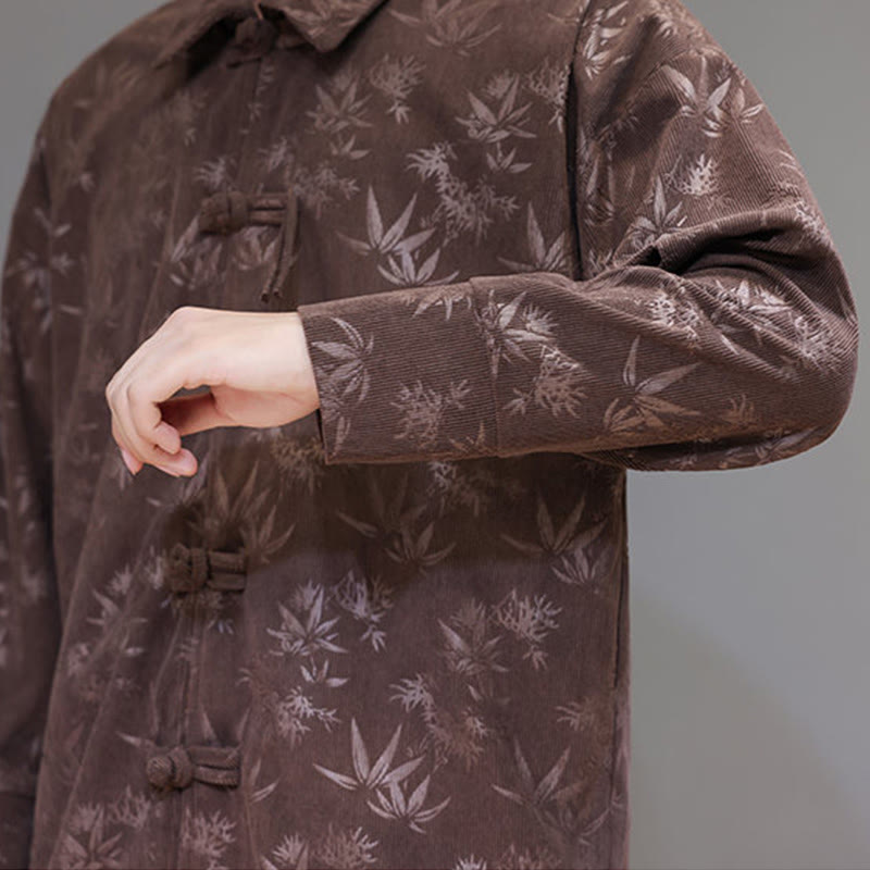 Jacquard Leaves Pattern Frog-Button Long Sleeve Men's Cotton Tang Suit Jacket