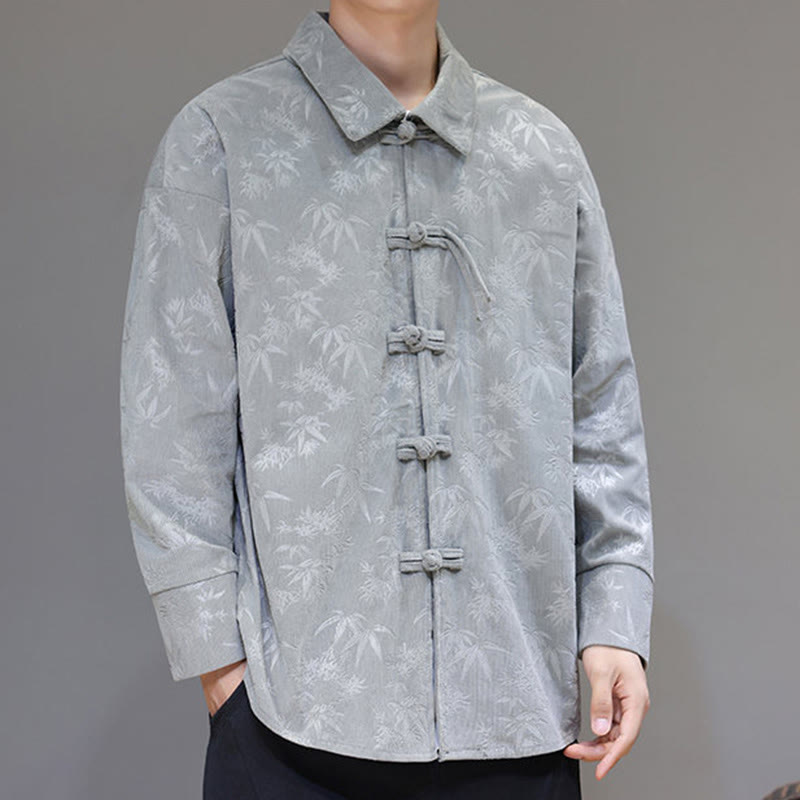 Jacquard Leaves Pattern Frog-Button Long Sleeve Men's Cotton Tang Suit Jacket