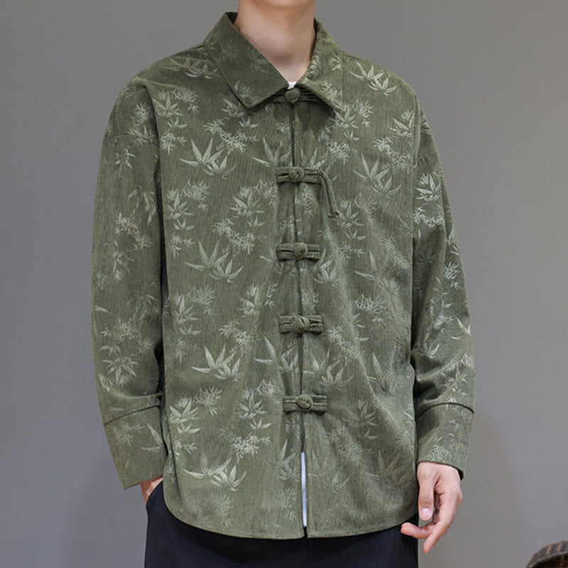 Jacquard Leaves Pattern Frog-Button Long Sleeve Men's Cotton Tang Suit Jacket