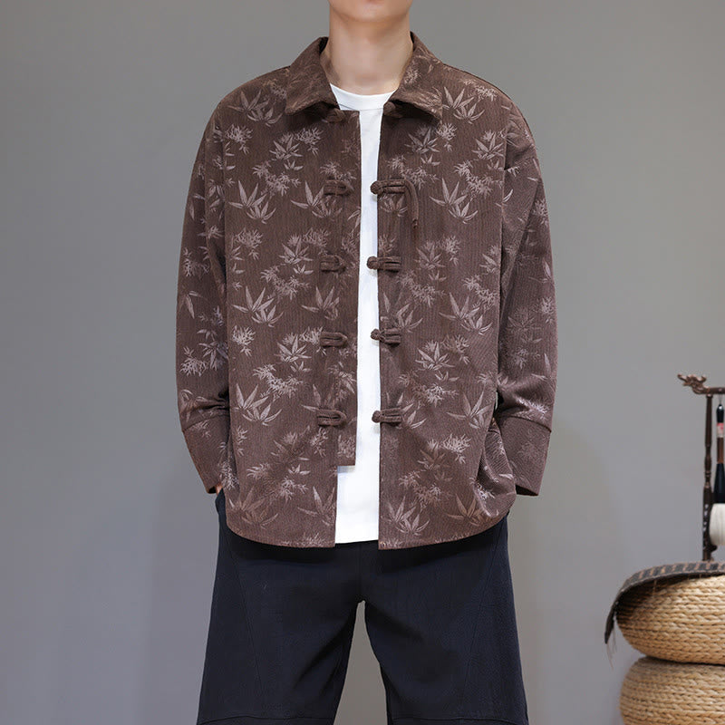 Jacquard Leaves Pattern Frog-Button Long Sleeve Men's Cotton Tang Suit Jacket