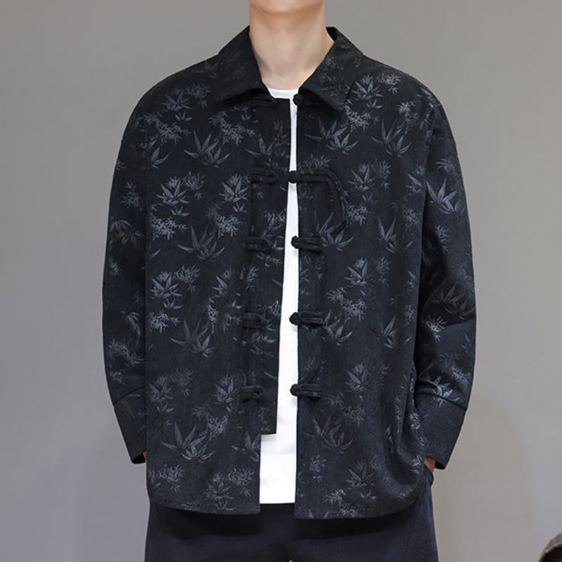 Jacquard Leaves Pattern Frog-Button Long Sleeve Men's Cotton Tang Suit Jacket
