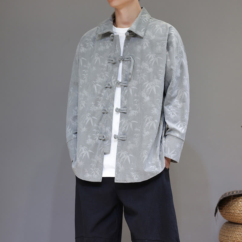 Jacquard Leaves Pattern Frog-Button Long Sleeve Men's Cotton Tang Suit Jacket