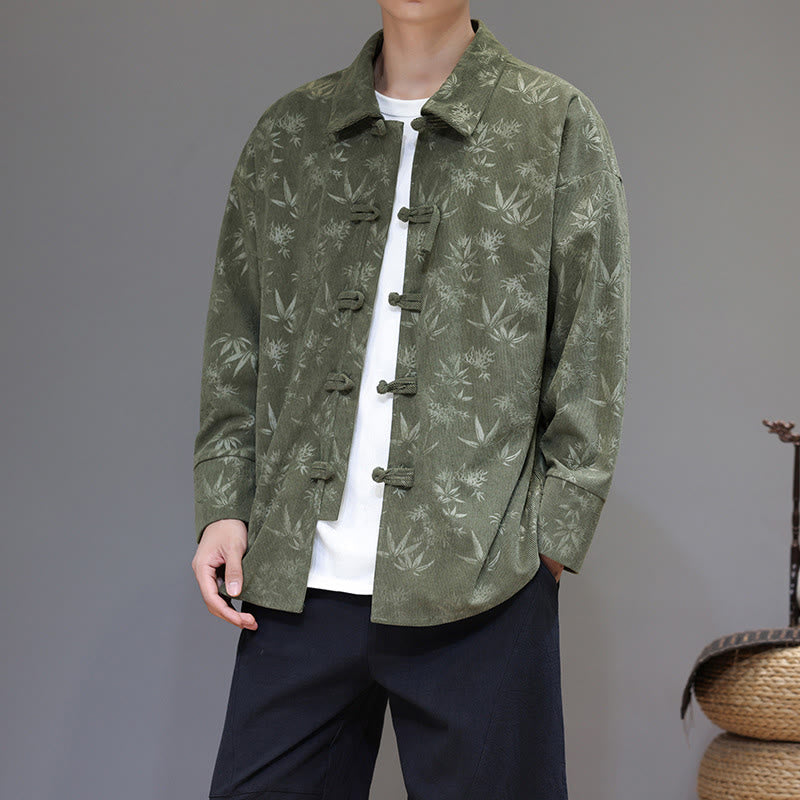 Jacquard Leaves Pattern Frog-Button Long Sleeve Men's Cotton Tang Suit Jacket