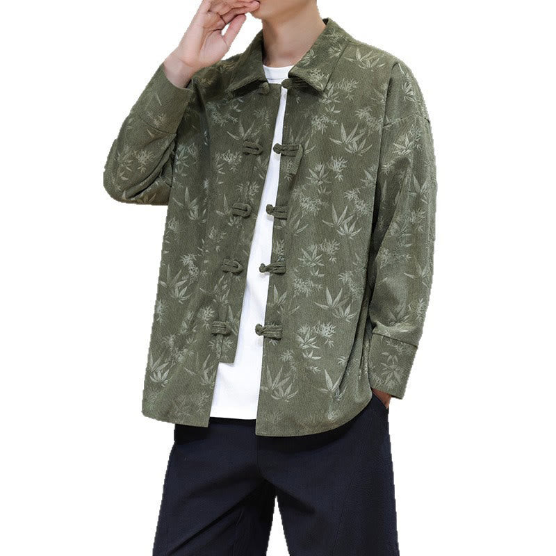 Jacquard Leaves Pattern Frog-Button Long Sleeve Men's Cotton Tang Suit Jacket