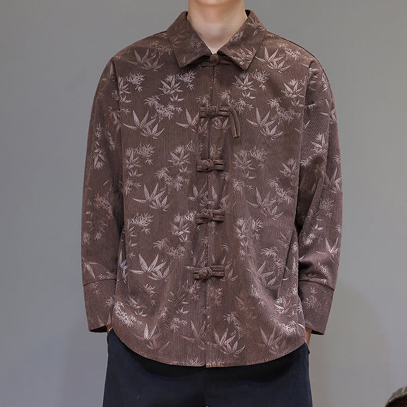 Jacquard Leaves Pattern Frog-Button Long Sleeve Men's Cotton Tang Suit Jacket