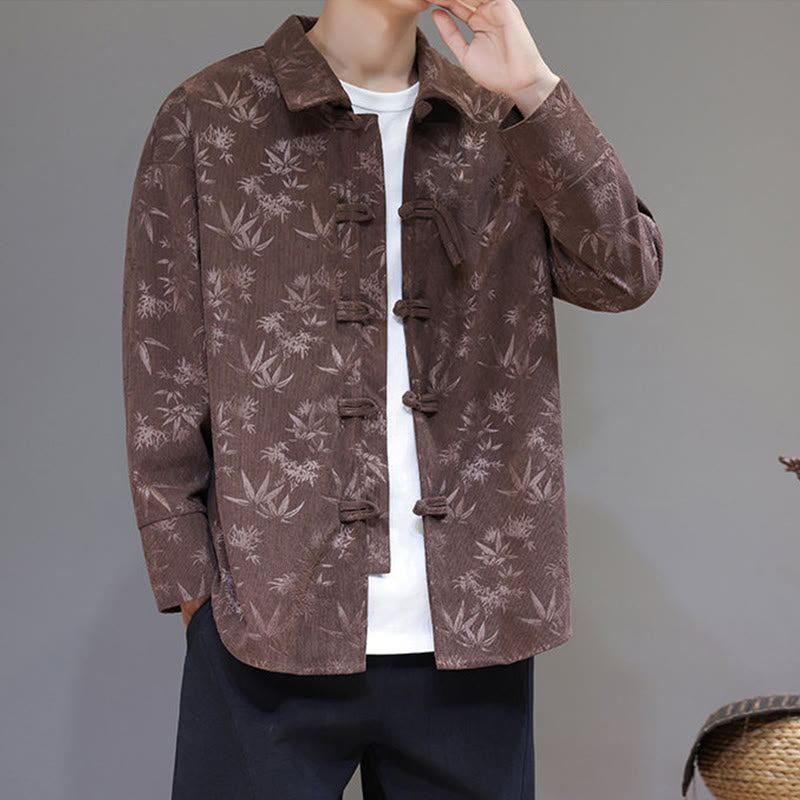 Jacquard Leaves Pattern Frog-Button Long Sleeve Men's Cotton Tang Suit Jacket