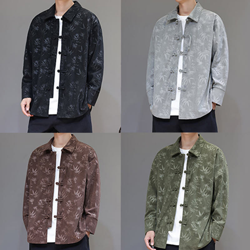 Jacquard Leaves Pattern Frog-Button Long Sleeve Men's Cotton Tang Suit Jacket