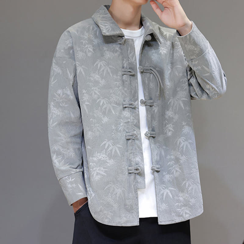 Jacquard Leaves Pattern Frog-Button Long Sleeve Men's Cotton Tang Suit Jacket