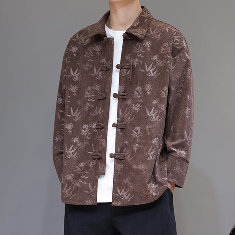 Jacquard Leaves Pattern Frog-Button Long Sleeve Men's Cotton Tang Suit Jacket