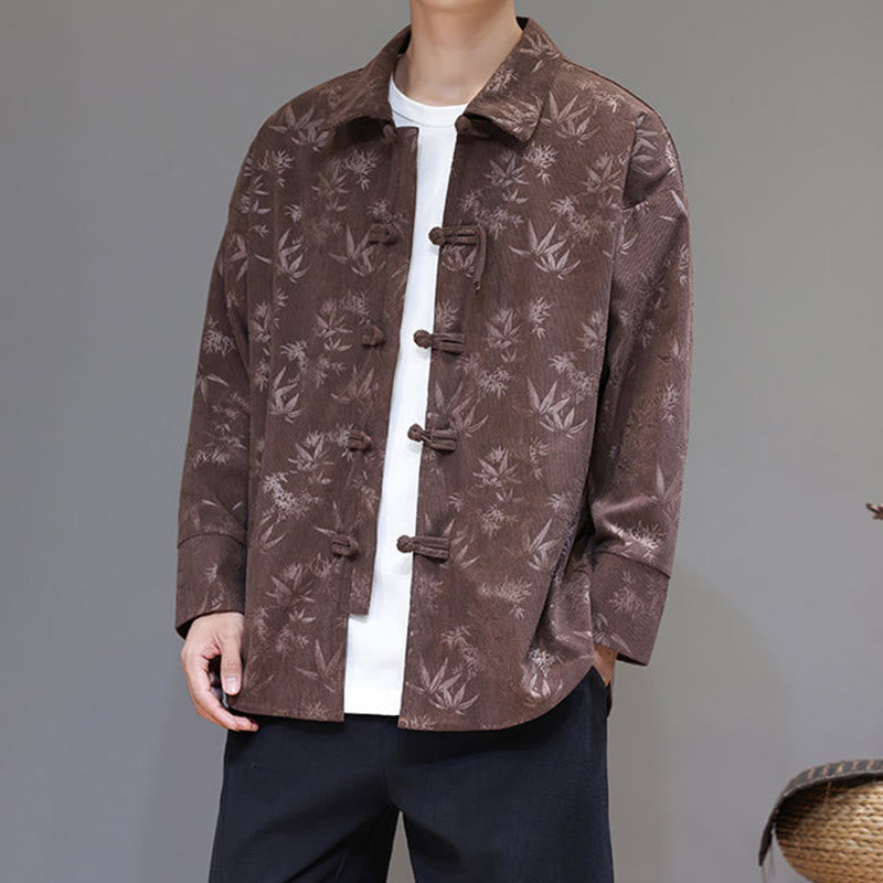 Jacquard Leaves Pattern Frog-Button Long Sleeve Men's Cotton Tang Suit Jacket