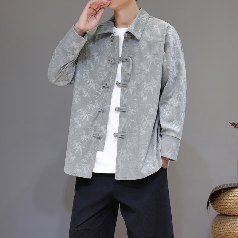 Jacquard Leaves Pattern Frog-Button Long Sleeve Men's Cotton Tang Suit Jacket