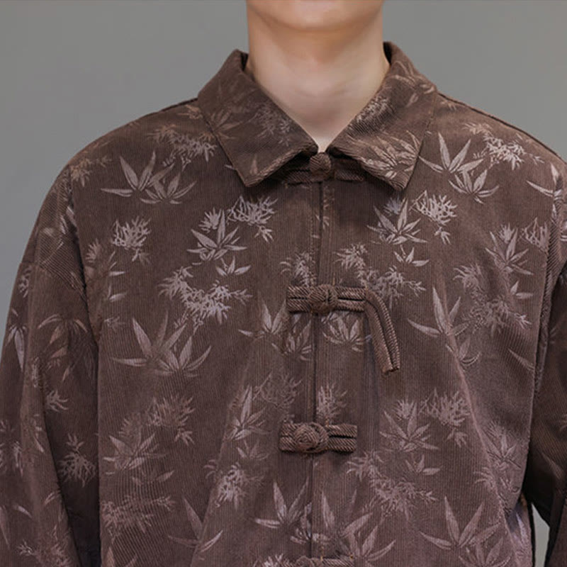 Jacquard Leaves Pattern Frog-Button Long Sleeve Men's Cotton Tang Suit Jacket