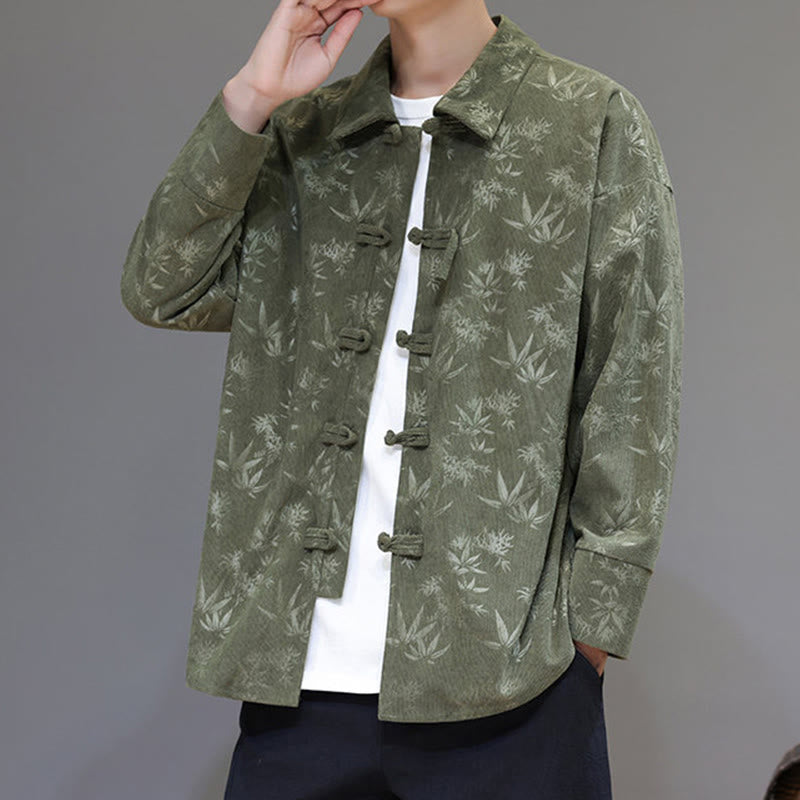Jacquard Leaves Pattern Frog-Button Long Sleeve Men's Cotton Tang Suit Jacket