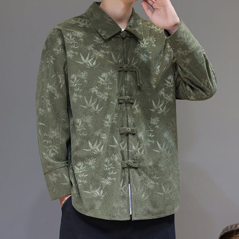 Jacquard Leaves Pattern Frog-Button Long Sleeve Men's Cotton Tang Suit Jacket