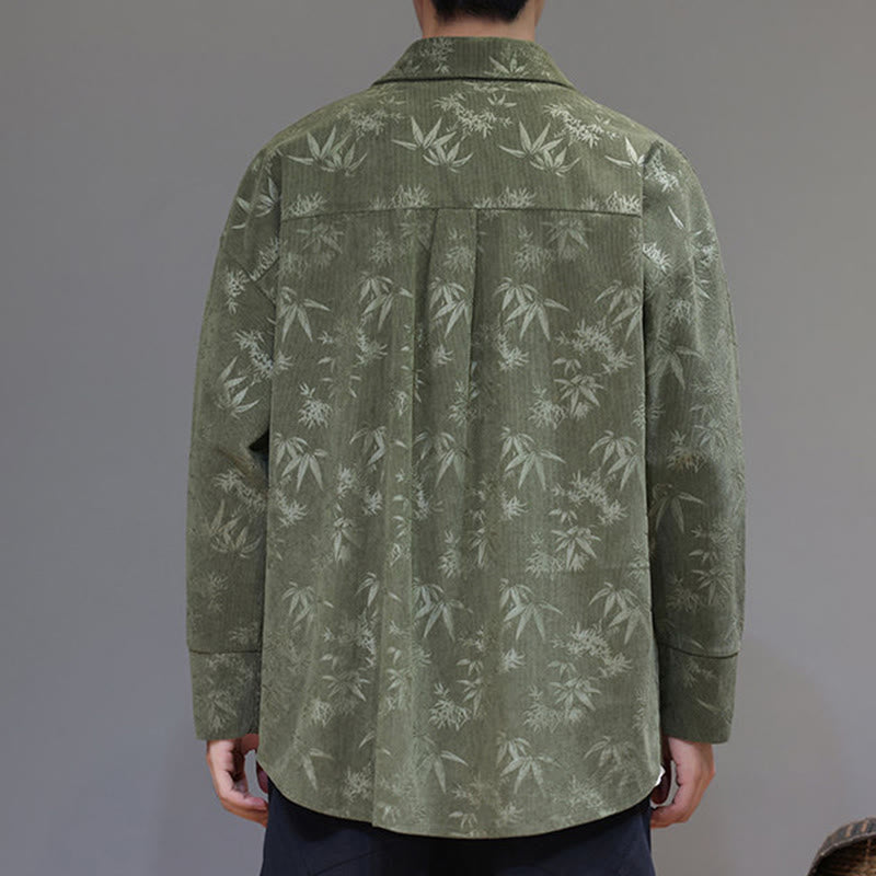 Jacquard Leaves Pattern Frog-Button Long Sleeve Men's Cotton Tang Suit Jacket