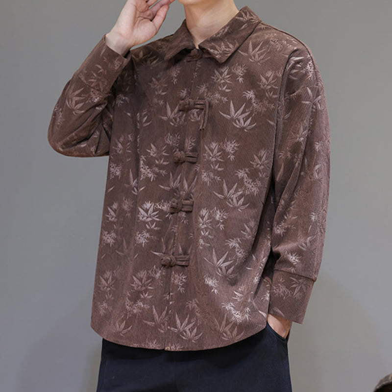 Jacquard Leaves Pattern Frog-Button Long Sleeve Men's Cotton Tang Suit Jacket