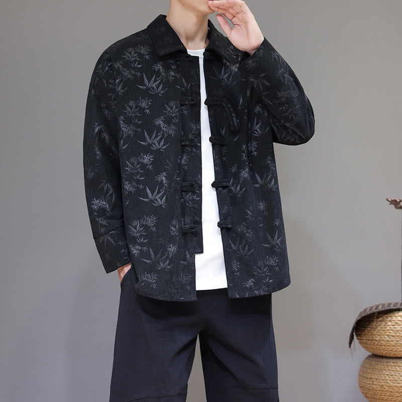 Jacquard Leaves Pattern Frog-Button Long Sleeve Men's Cotton Tang Suit Jacket