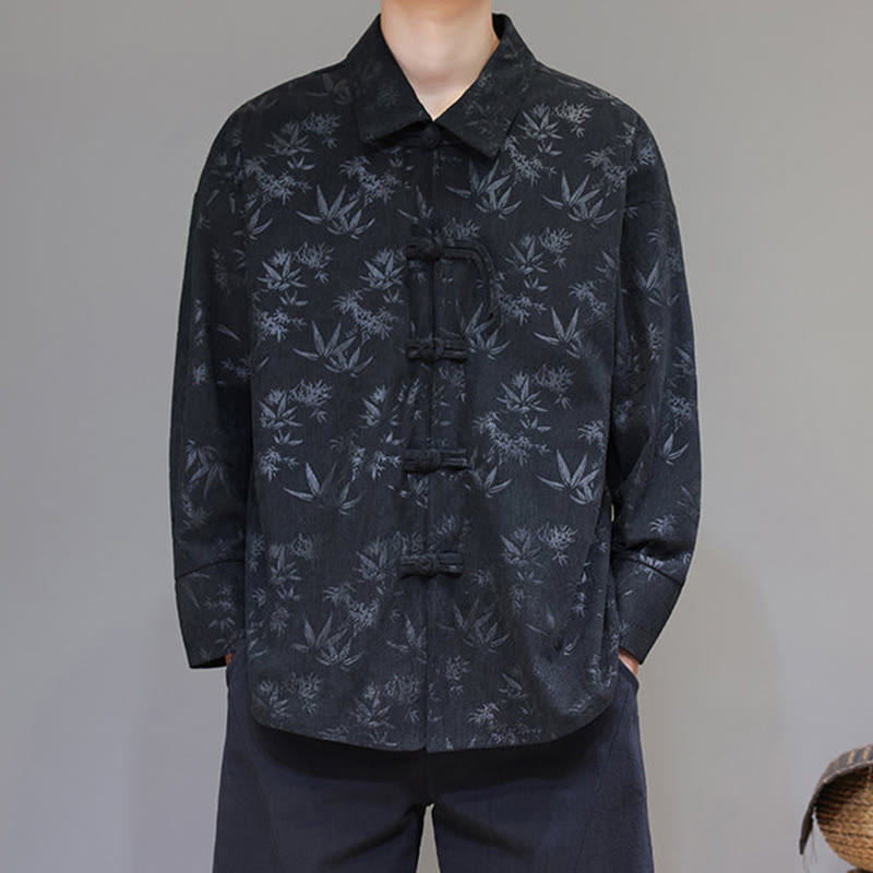 Jacquard Leaves Pattern Frog-Button Long Sleeve Men's Cotton Tang Suit Jacket