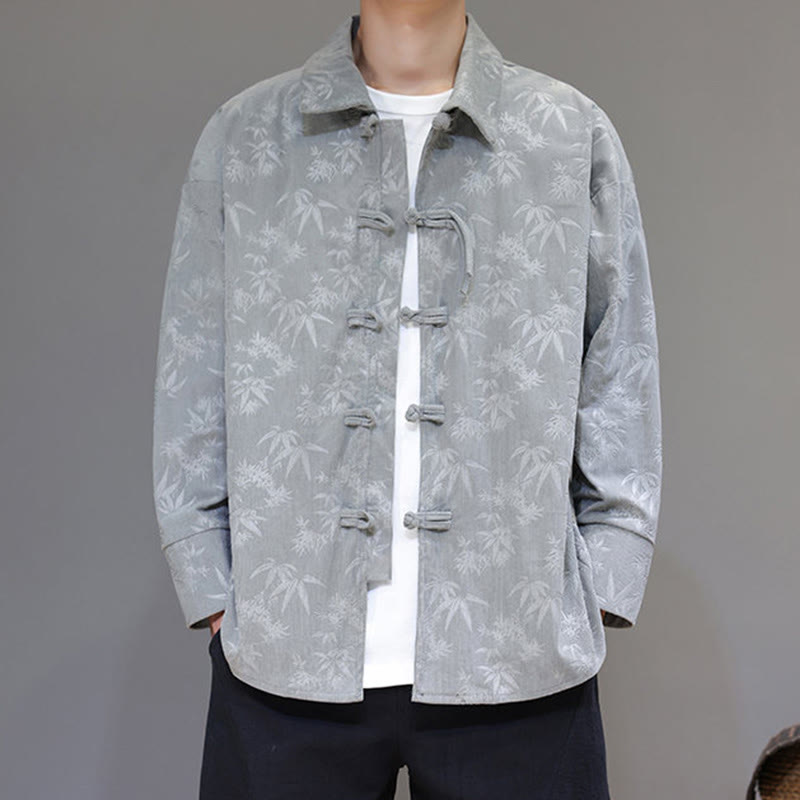 Jacquard Leaves Pattern Frog-Button Long Sleeve Men's Cotton Tang Suit Jacket