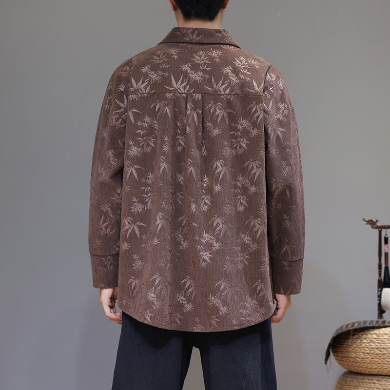 Jacquard Leaves Pattern Frog-Button Long Sleeve Men's Cotton Tang Suit Jacket