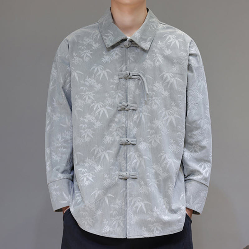 Jacquard Leaves Pattern Frog-Button Long Sleeve Men's Cotton Tang Suit Jacket