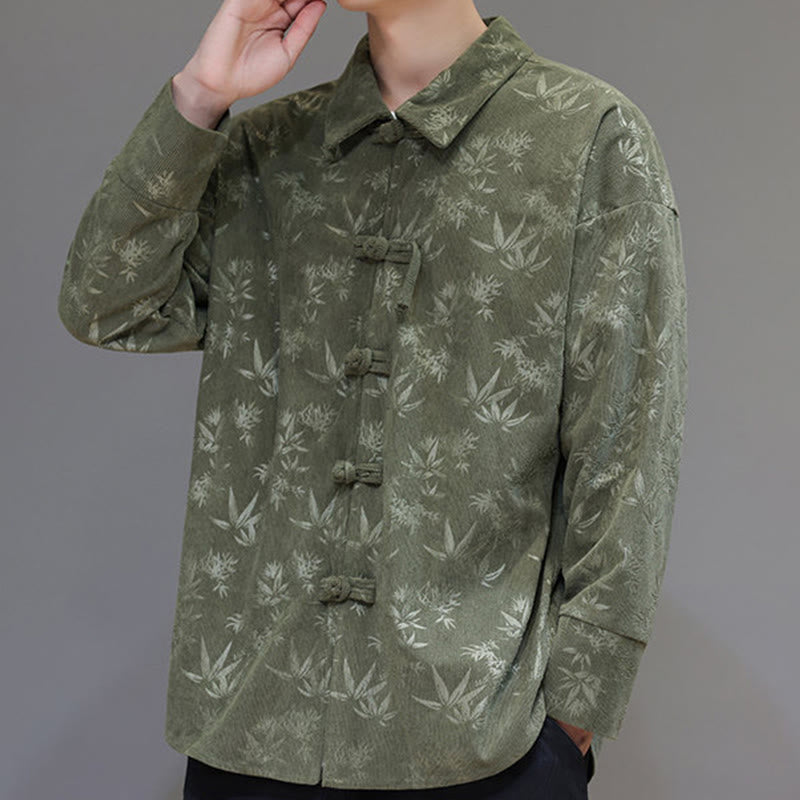 Jacquard Leaves Pattern Frog-Button Long Sleeve Men's Cotton Tang Suit Jacket