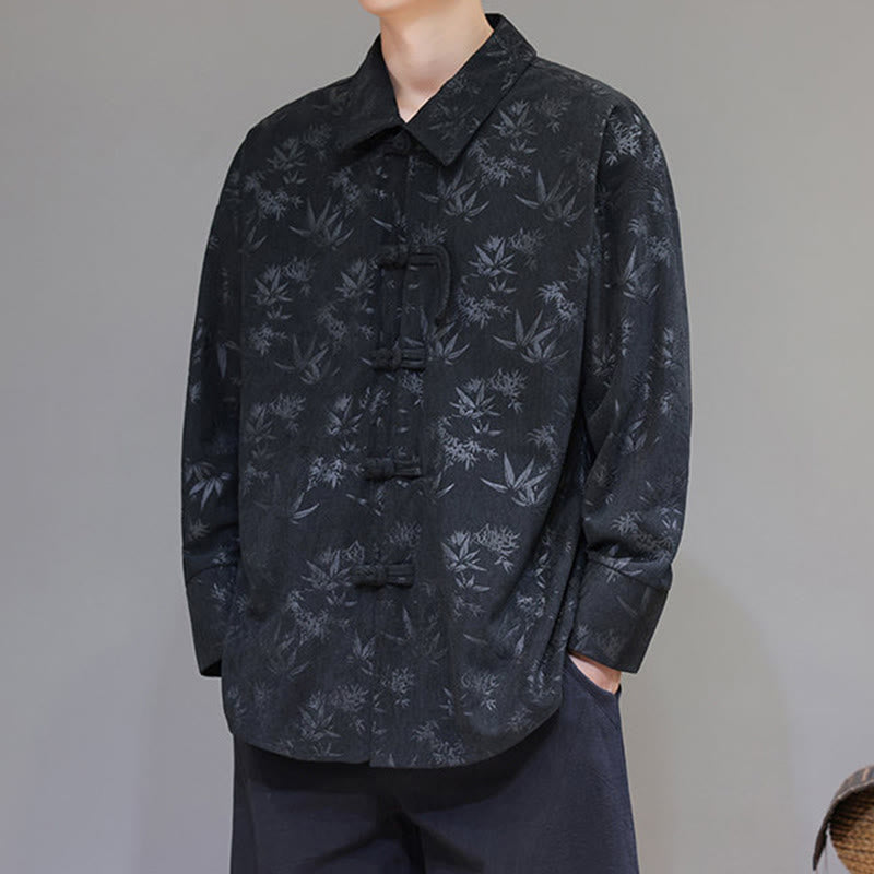 Jacquard Leaves Pattern Frog-Button Long Sleeve Men's Cotton Tang Suit Jacket
