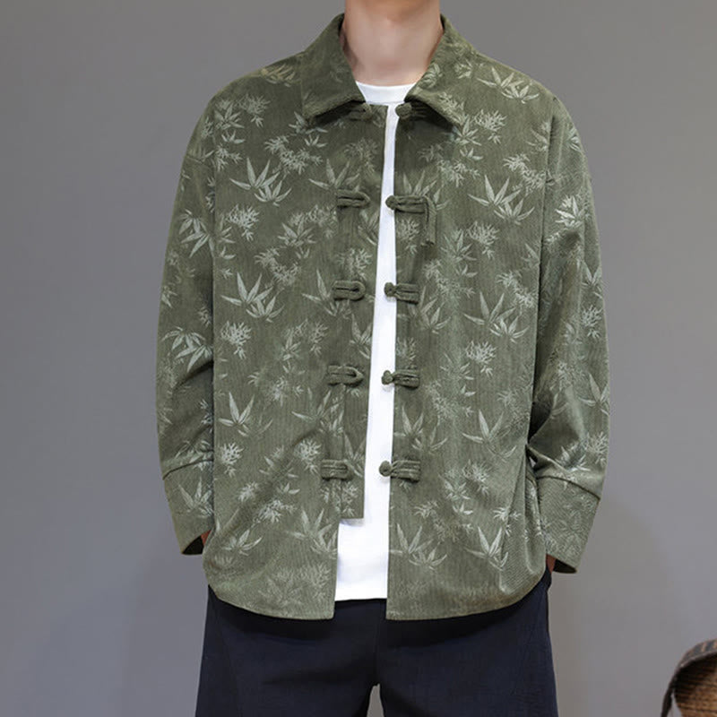 Jacquard Leaves Pattern Frog-Button Long Sleeve Men's Cotton Tang Suit Jacket