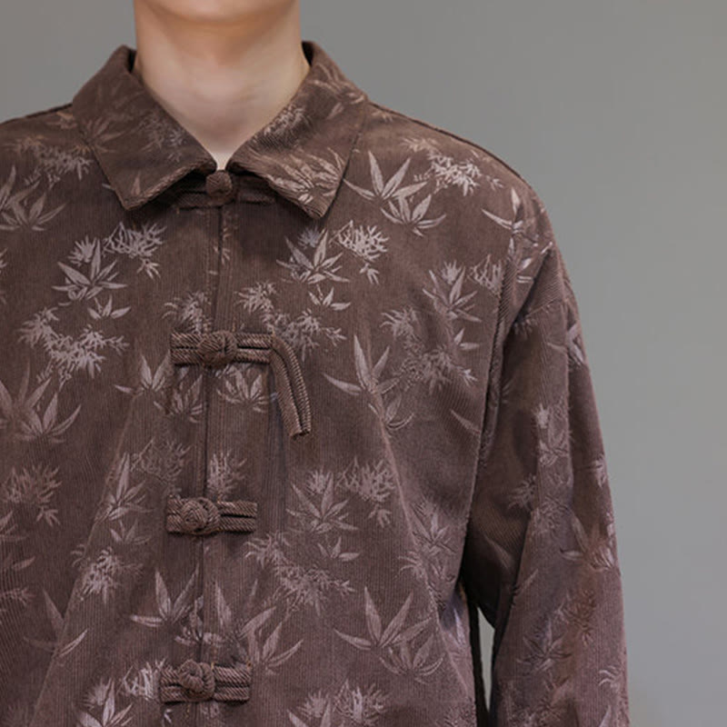 Jacquard Leaves Pattern Frog-Button Long Sleeve Men's Cotton Tang Suit Jacket