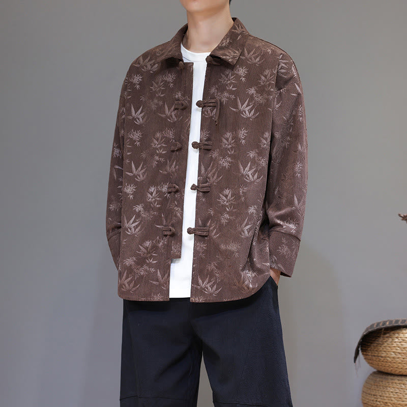 Jacquard Leaves Pattern Frog-Button Long Sleeve Men's Cotton Tang Suit Jacket