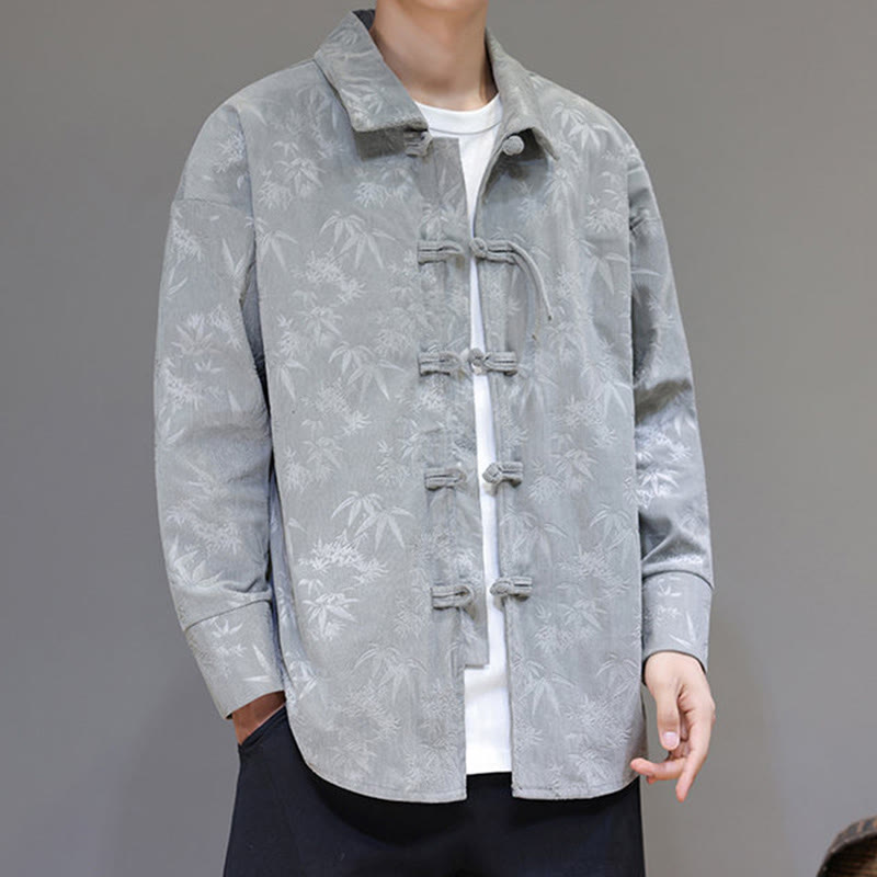 Jacquard Leaves Pattern Frog-Button Long Sleeve Men's Cotton Tang Suit Jacket