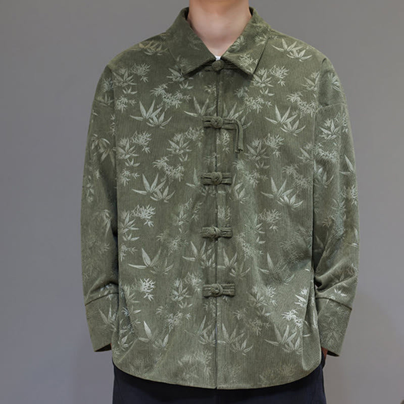 Jacquard Leaves Pattern Frog-Button Long Sleeve Men's Cotton Tang Suit Jacket