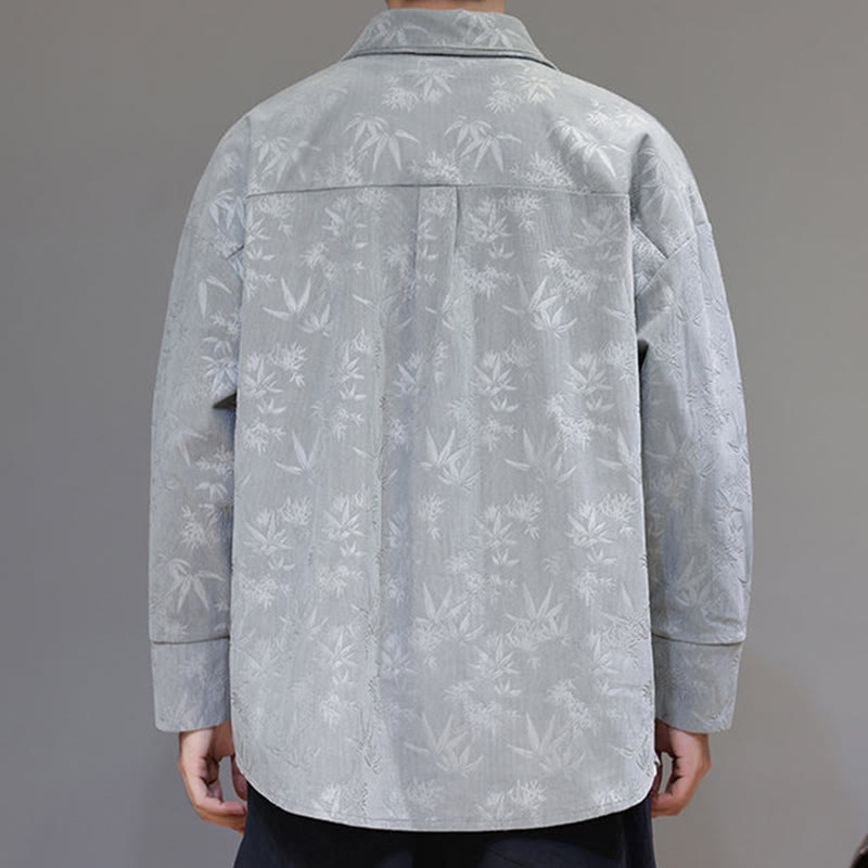 Jacquard Leaves Pattern Frog-Button Long Sleeve Men's Cotton Tang Suit Jacket