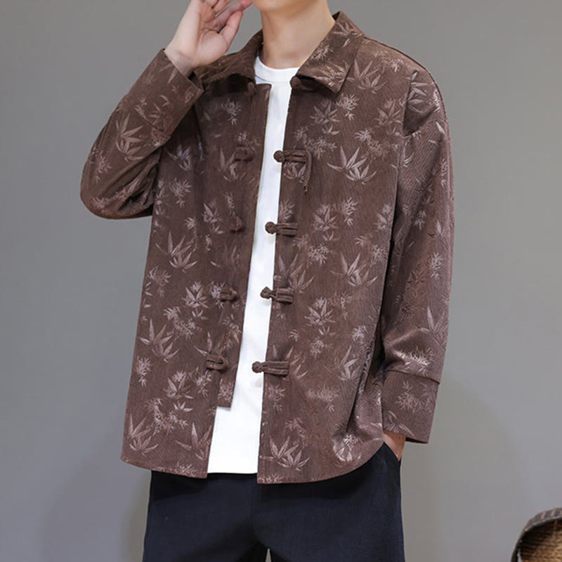 Jacquard Leaves Pattern Frog-Button Long Sleeve Men's Cotton Tang Suit Jacket