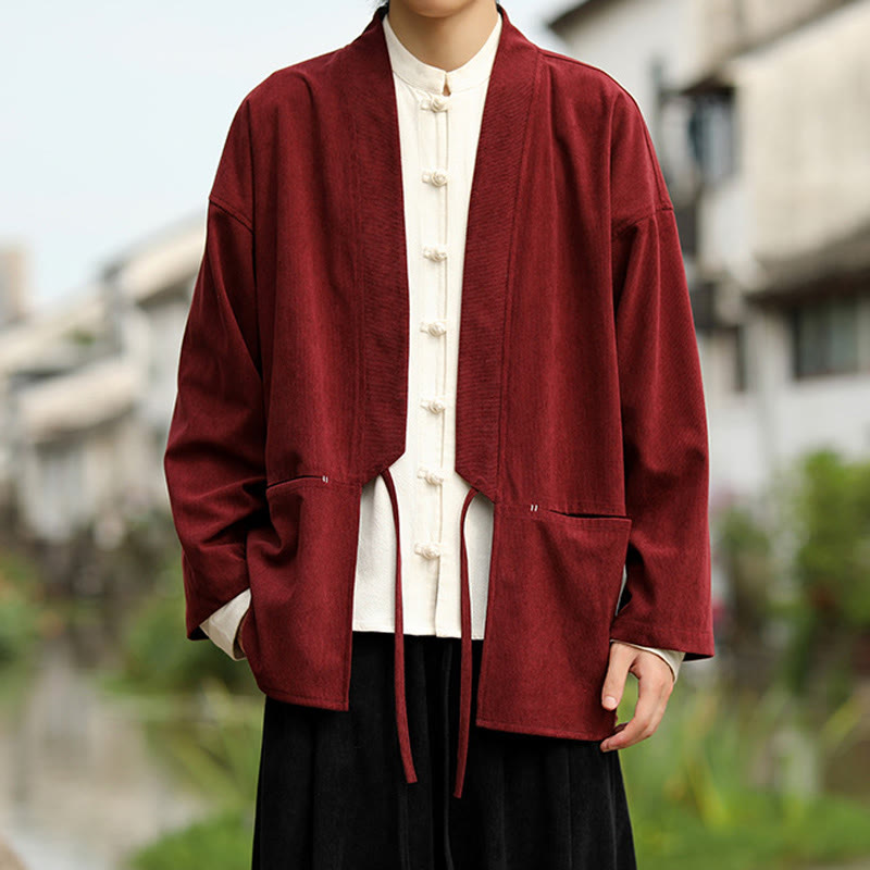 Solid Color Open Front Long Sleeve Jacket Men's Cotton Corduroy Kimono With Pockets